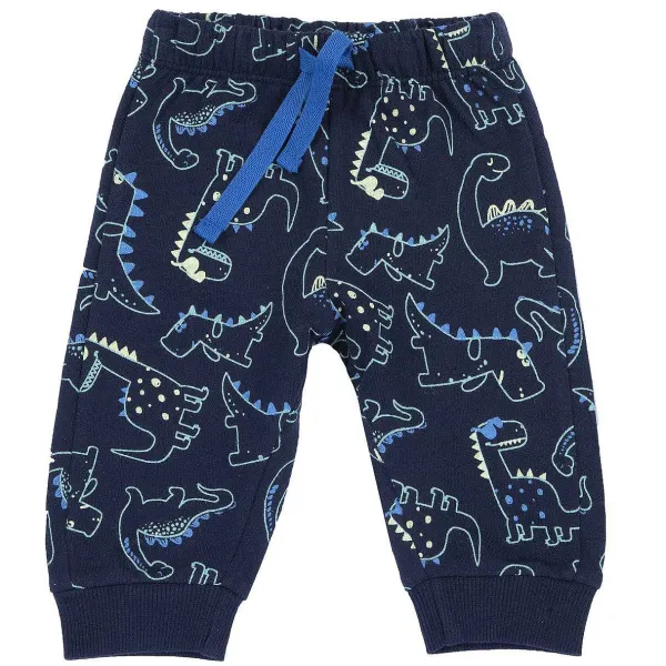 Pantaloni | Chicco Pantaloni Lunghi In Felpa Con Dinosauri Blu Scuro